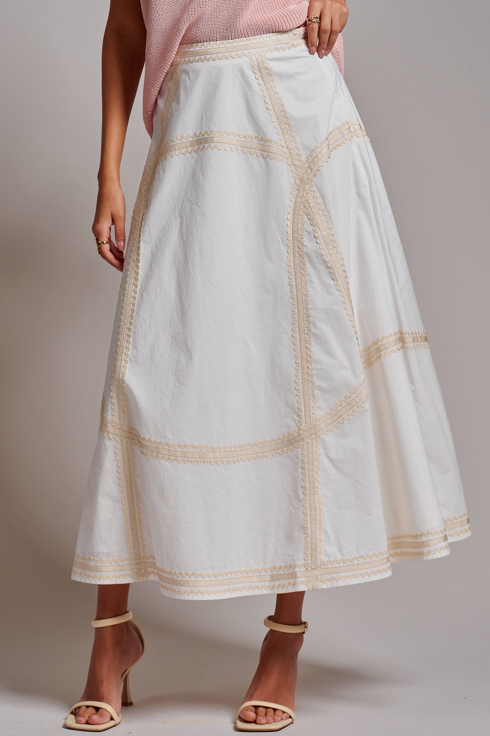 Contrast Rickrack Trim Cotton A-Line Midi Skirt