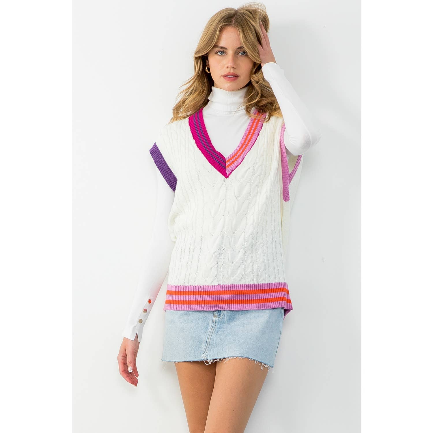 Cream Knit Vest Top with Sleeveless V Neck Color Detail
