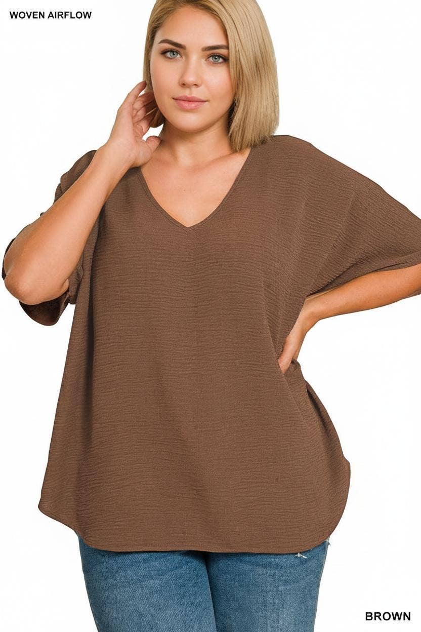 0225 Plus Woven Airflow V Neck Short Sleeve Top SI-29146