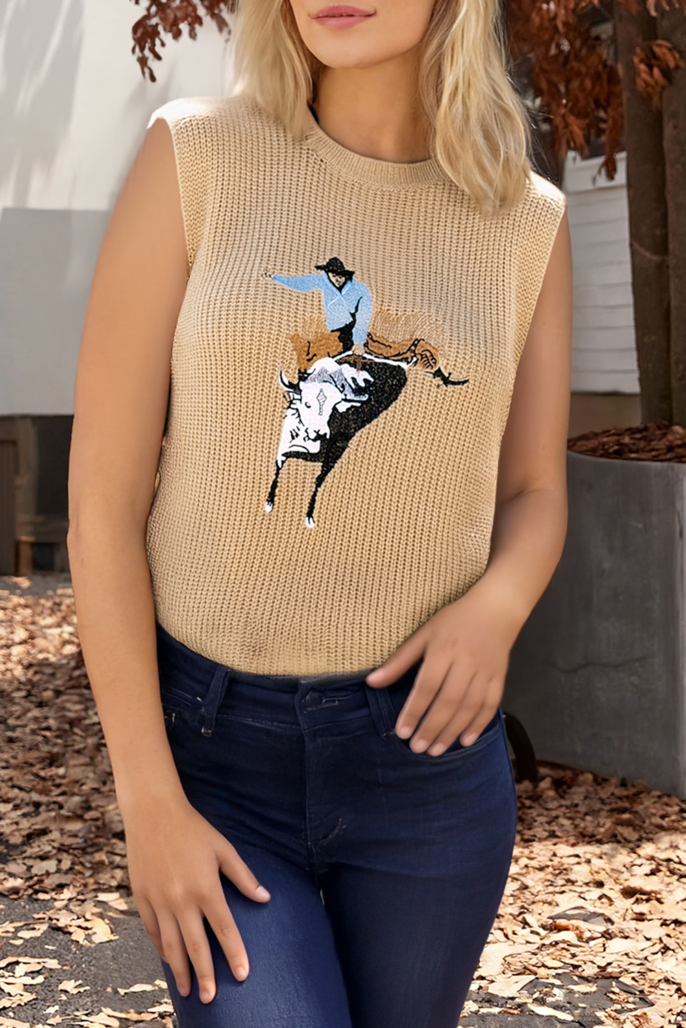 Western Embroidered Round Neck Sleeveless Sweater (S-Xl)