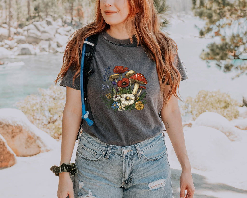 Mushroom, Poppy Wild Flowers Tshirt For Women Comfort Colors Unisex
