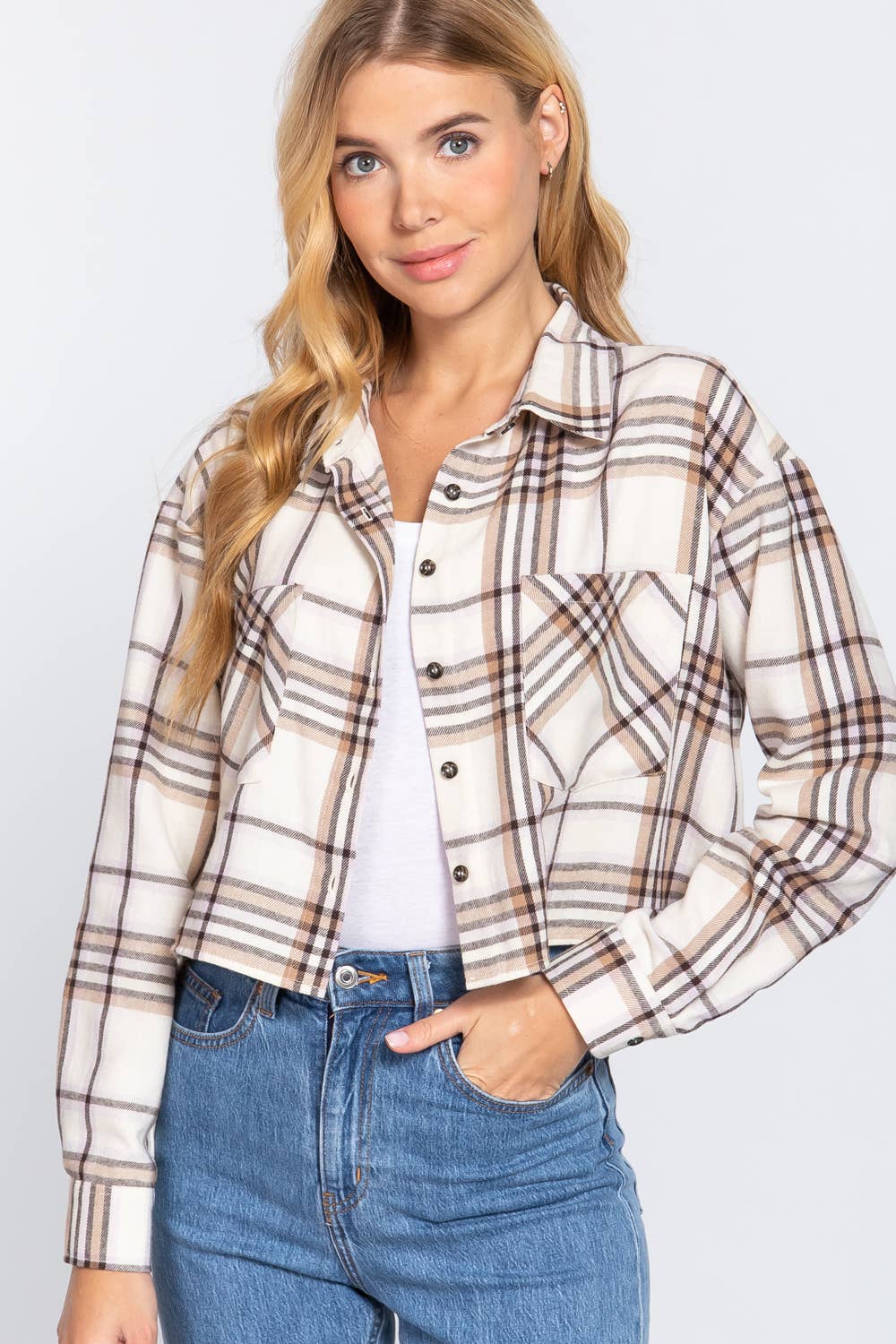 .SI-23312 Fitted Long Slv Plaid Jacquard Crop Shirt