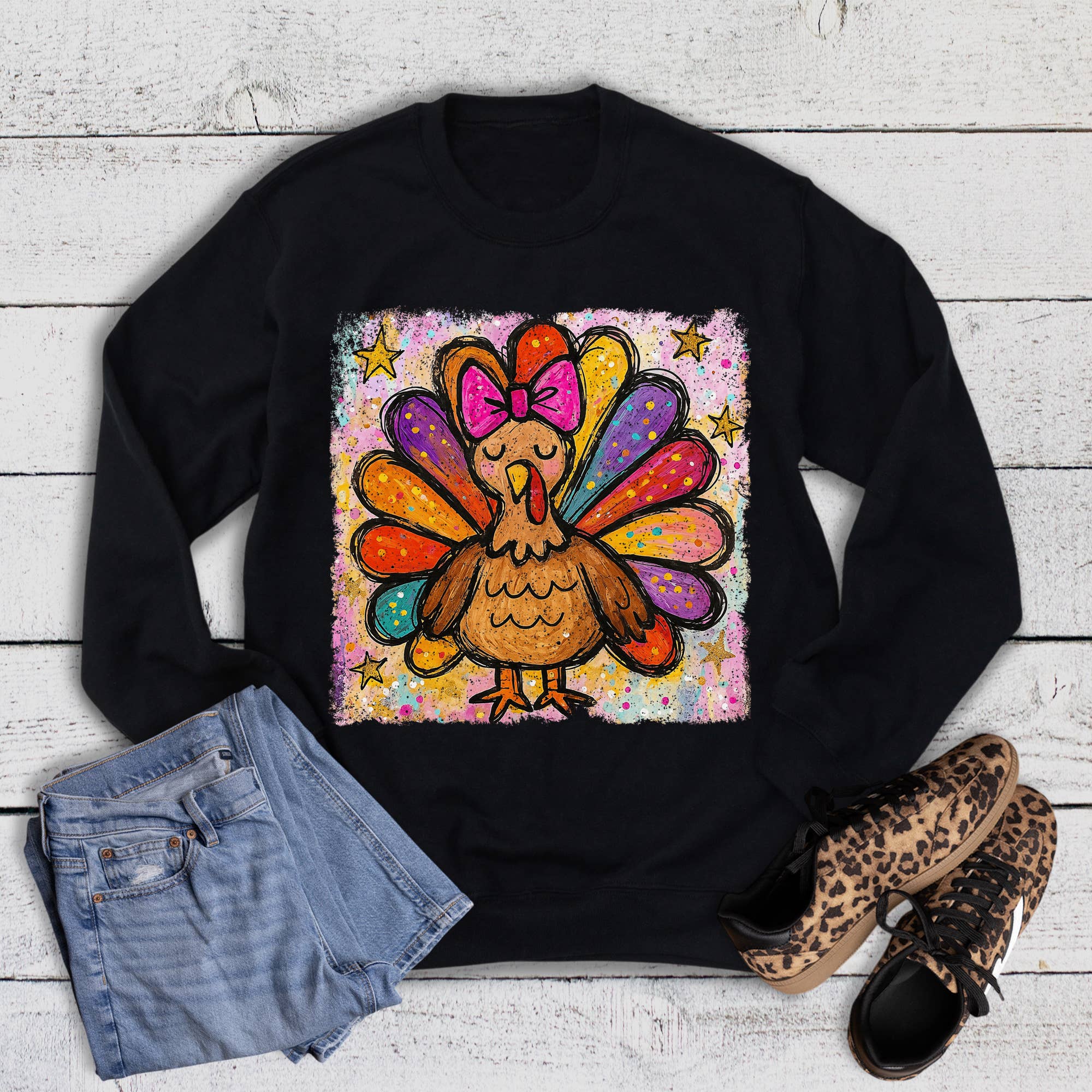 Thanksgiving Watercolor Glitter Turkey Sweatshirt