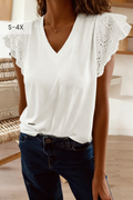 Plus Eyelet Embroidered Flutter Sleeve V Neck Tee (S-4X)