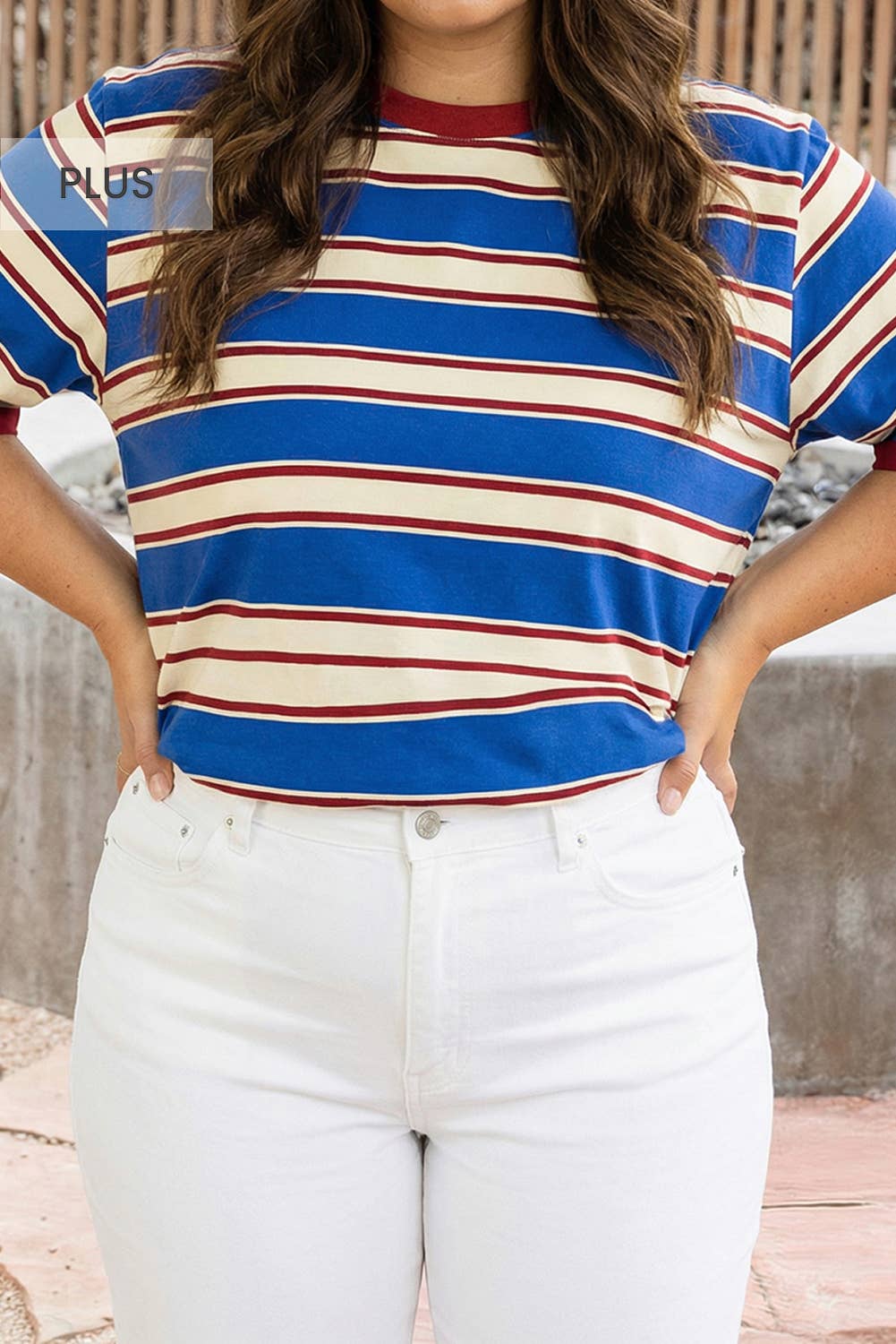 Retro Contrast Trim Round Neck Short Sleeve Plus Size Tee