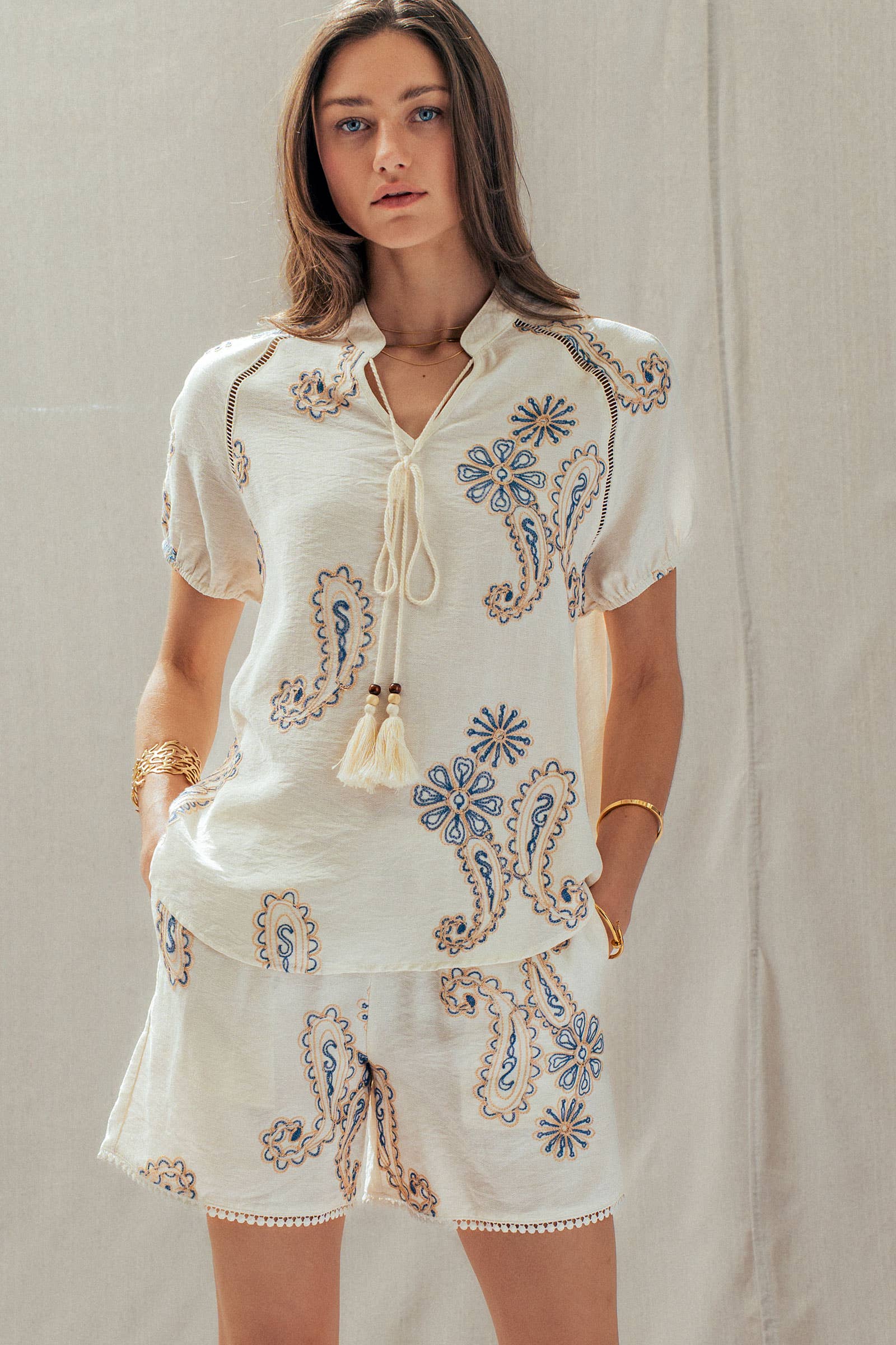 Paisley Embroidered Linen Blend Tassel Top