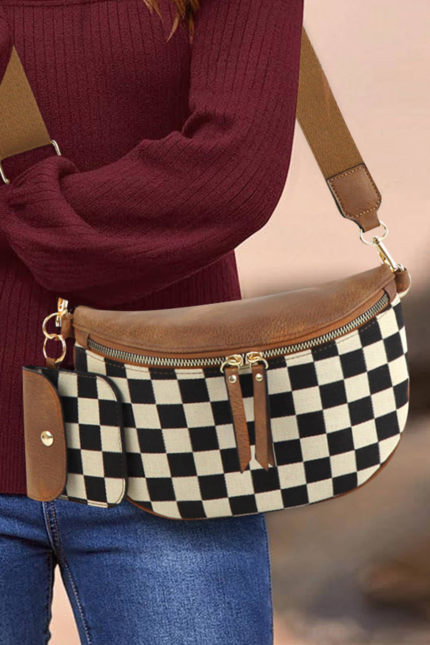 Checkered Knit Patchwork Wallet Attached Shoulder Bag