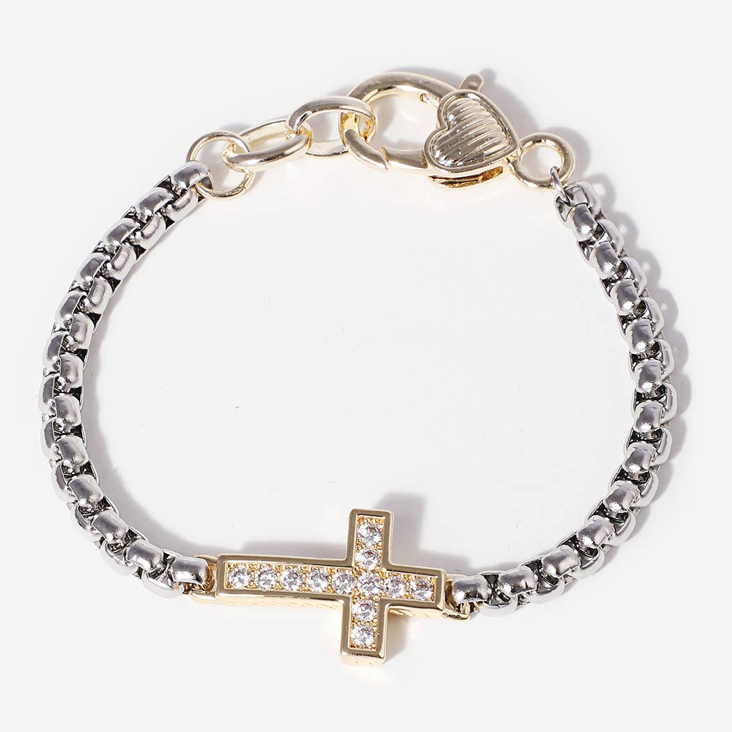 Cz Cross Box Chain Heart Lobster Closure Bracelet