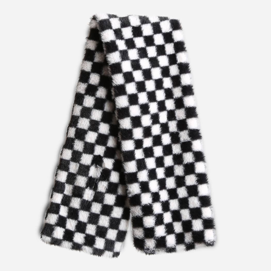 Faux Fur White Checkered Pattern Scarf
