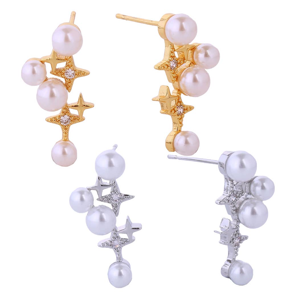 14K Dipped Stars with Pearl and Cz Post Earrings