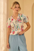 Short Sleeve Printed Peplum Top with Smocking Detail