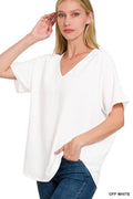 .SI-25520 Woven Airflow V Neck Short Sleeve Top
