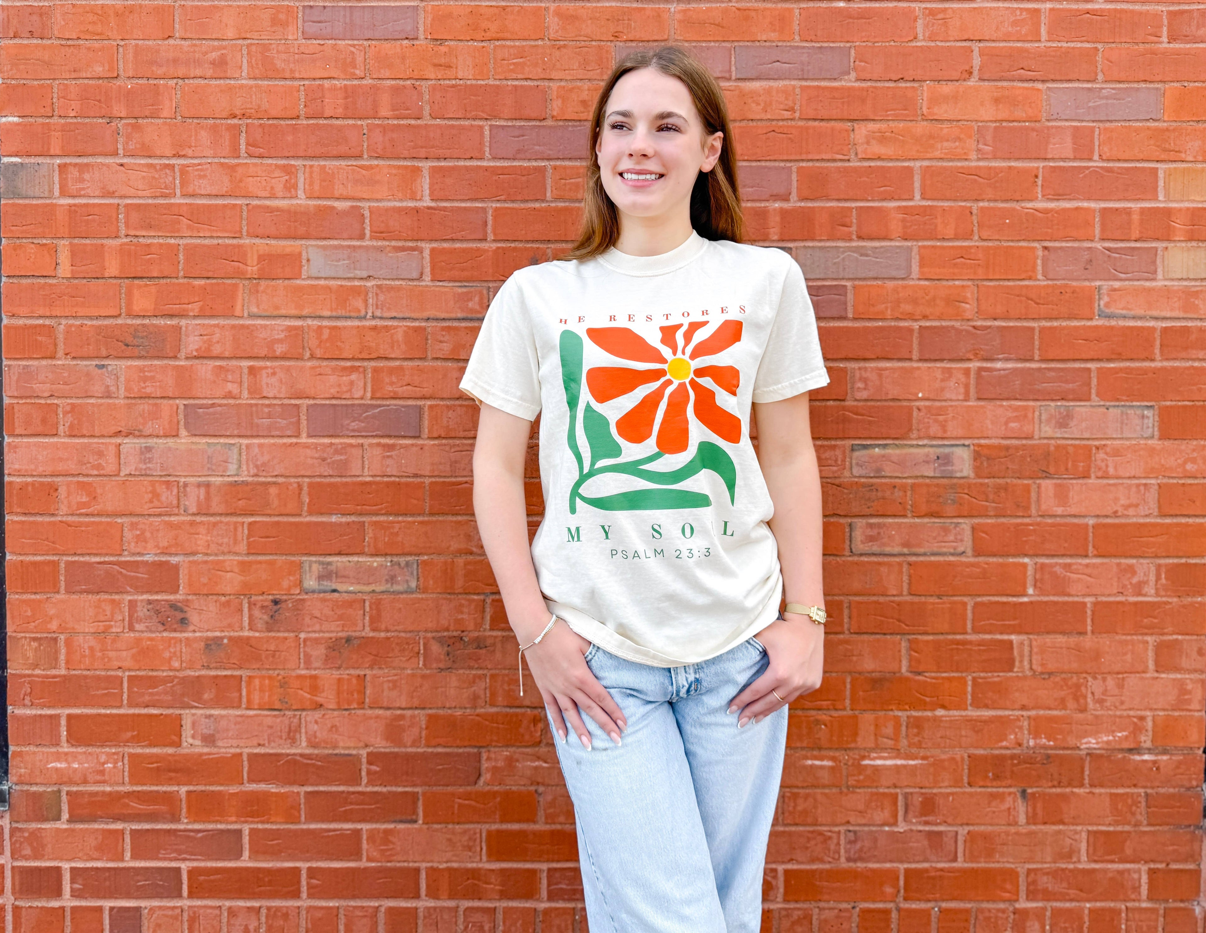 He Restores My Soul Fall Floral Graphic Christian T-Shirt