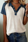Textured Color Block Denim Patchwork Polo Collar Tee (S-Xl)