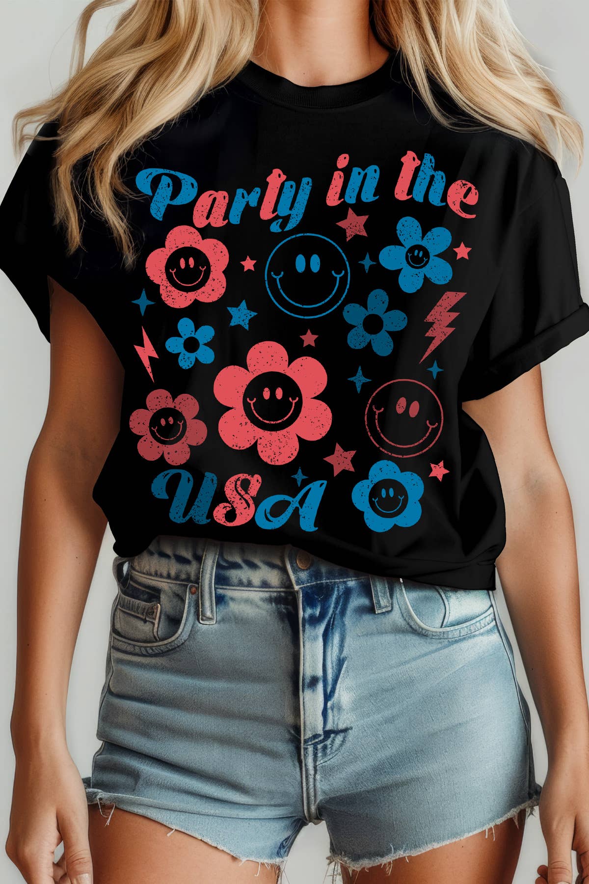 Women USA Graphic Print Solid Short Sleeve Top