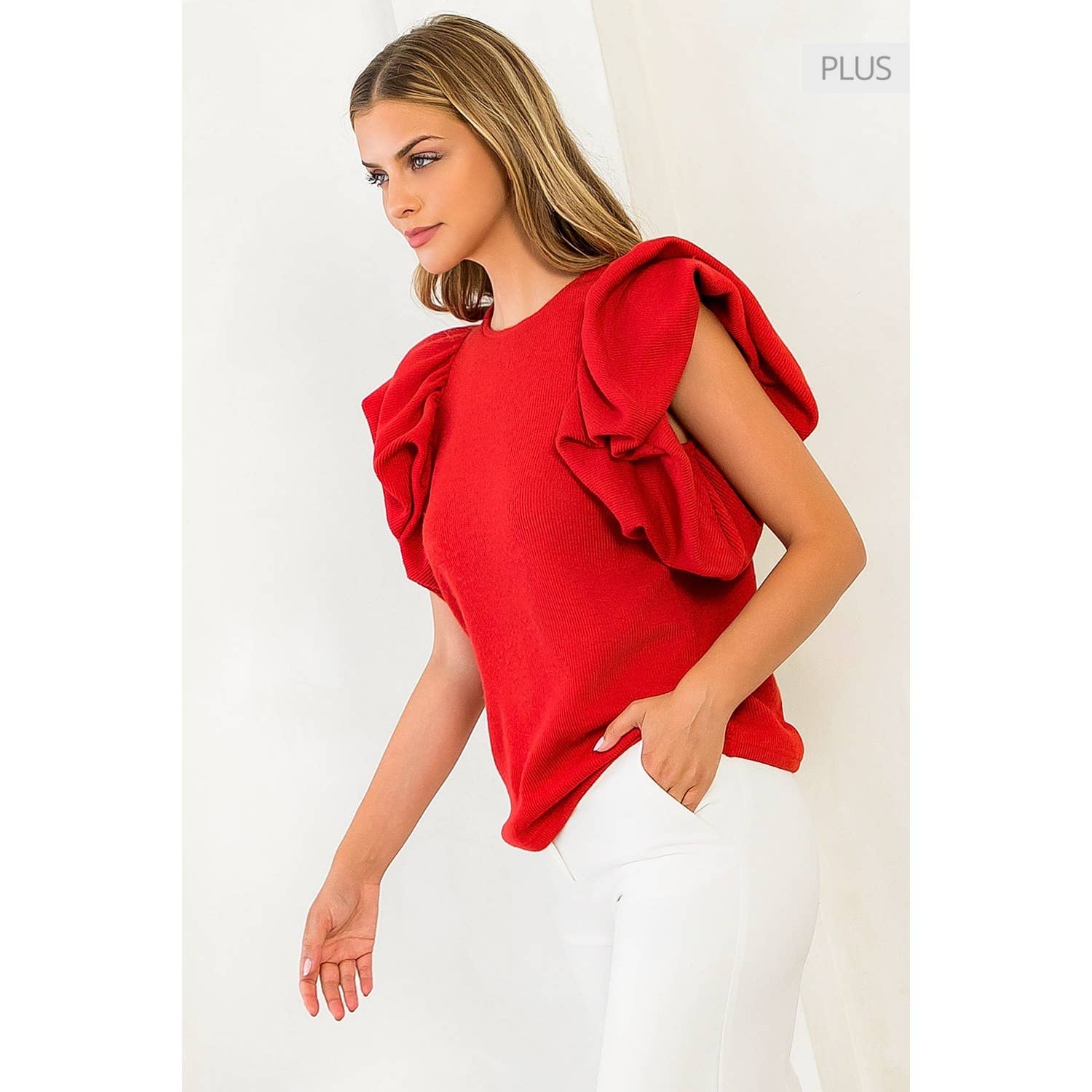 /Size Xl/ Puff Ruffle Sleeve Rib Knit Top