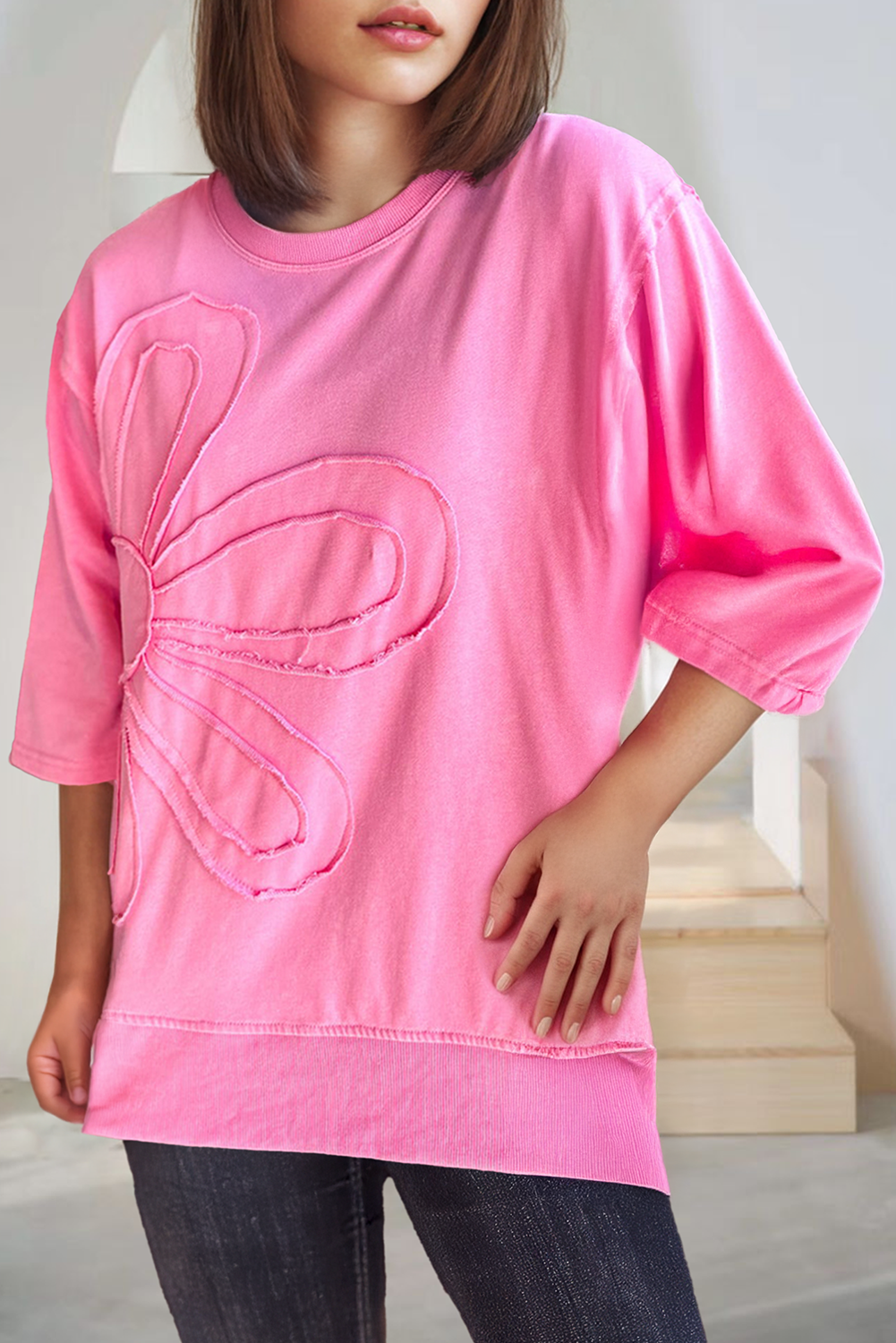 Floral Patched Half Sleeve Tunic Top (S-Xl)