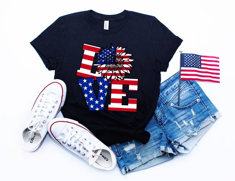 Love American Flag with Sunflower T-Shirt