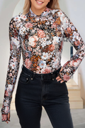 Floral Long Sleeve High Mock Neck Sheath Mesh Blouse (S-Xl)