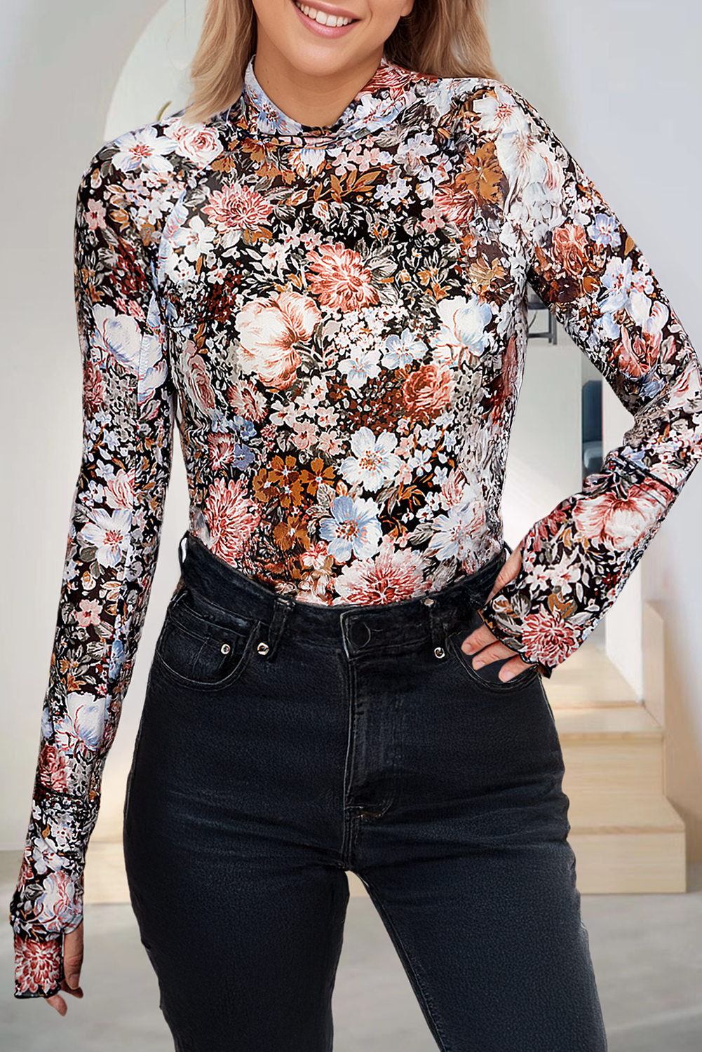 Floral Long Sleeve High Mock Neck Sheath Mesh Blouse (S-Xl)