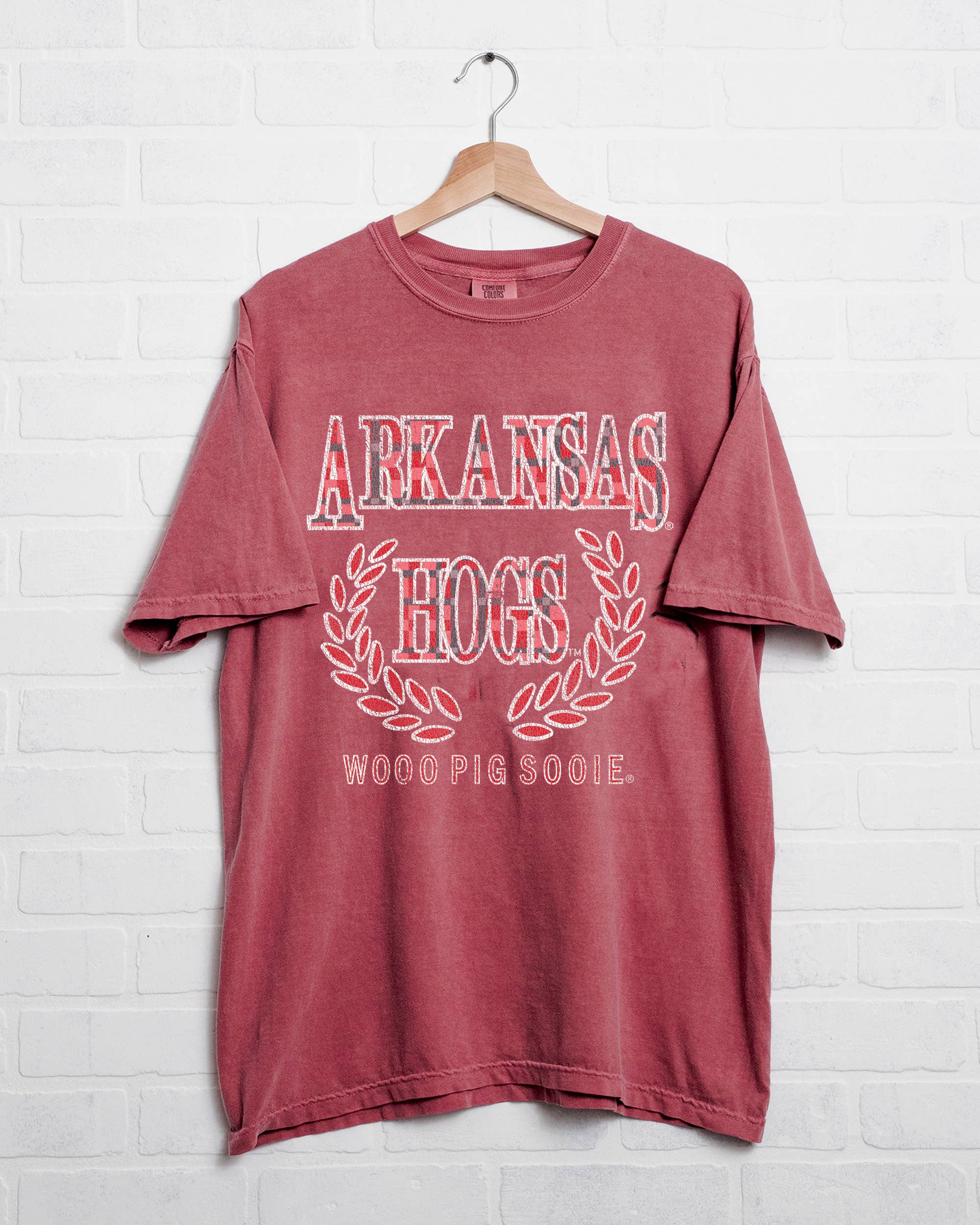 Arkansas Razorbacks Plaid Crest Cardinal Comfort Colors Tee