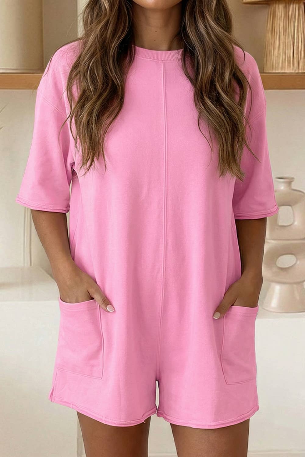 Raw Edge Half Sleeve Pocketed Loose Romper