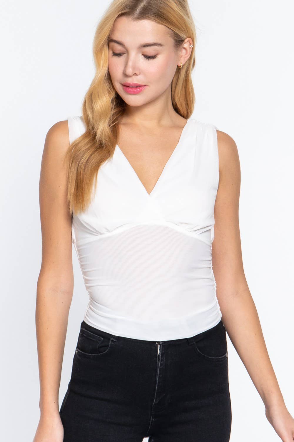 .SI-24300 Sleeveless Double V-Neck Surplice Waist Shirring De