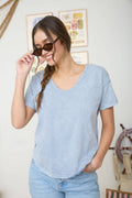 Washed Scoop Neck Raw Edge Short Sleeve Knit Top