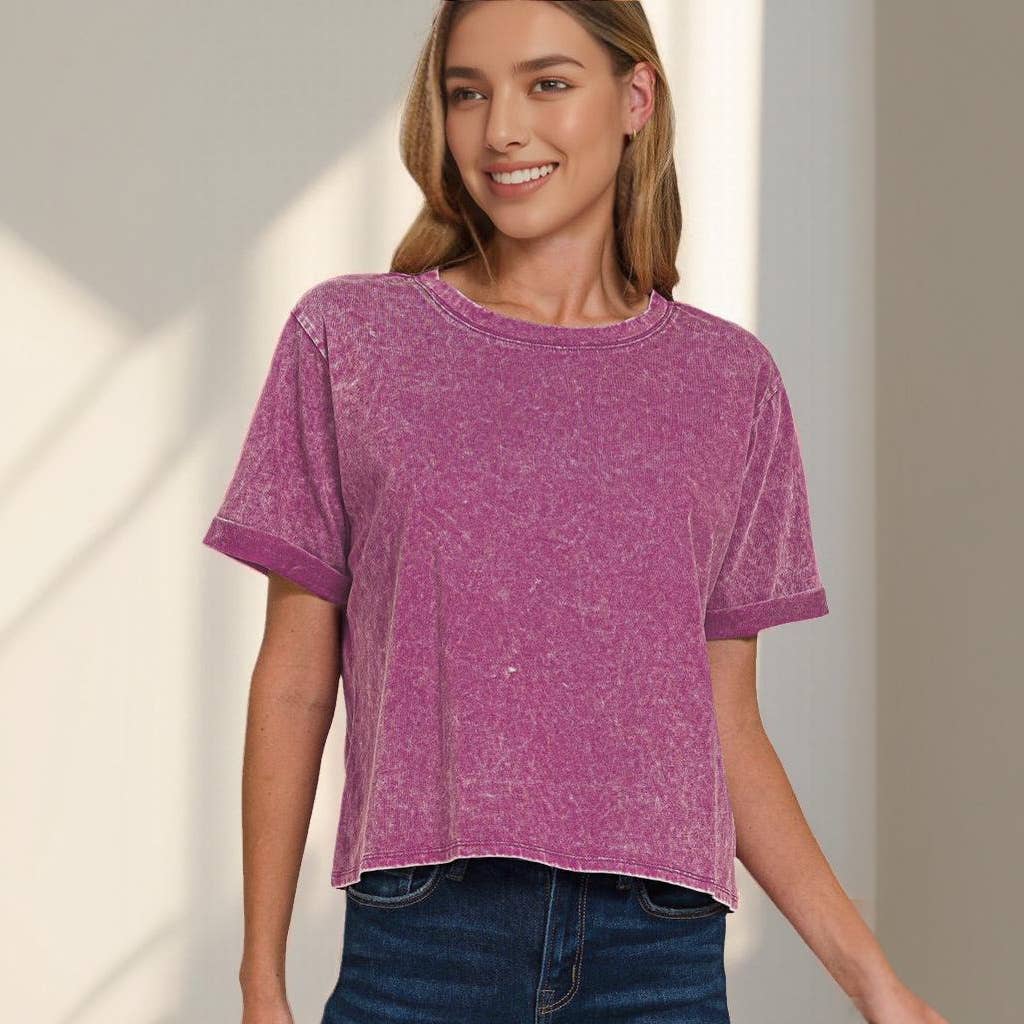 ..1009 Washed Roll Cuff Short Sleeve Top SI-24836