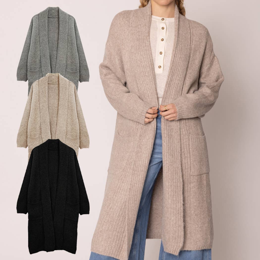 Knitted Shawl Collar Long Cardigan