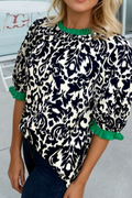 Floral Print Ruffled Color Block Half Sleeve Blouse (S-Xl)