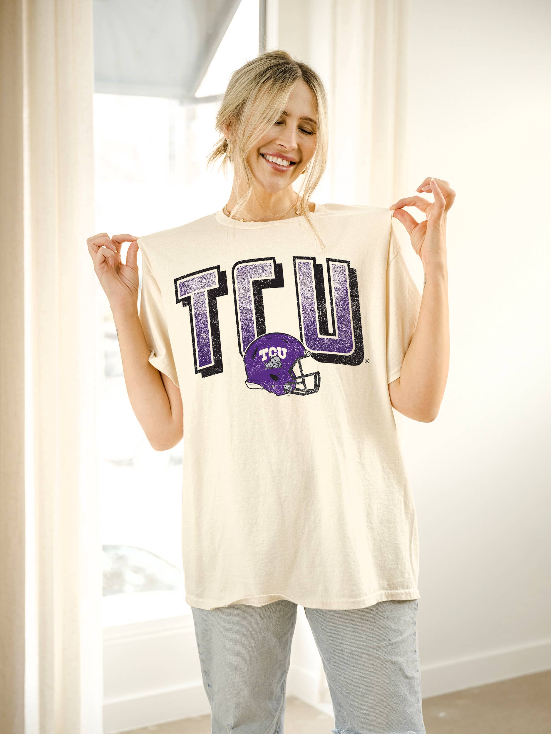 Tcu Horned Frogs Helmet Fade Off White Thrifted Tee