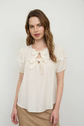 Scallop Trim Front Tie Detail Puff Sleeve Top