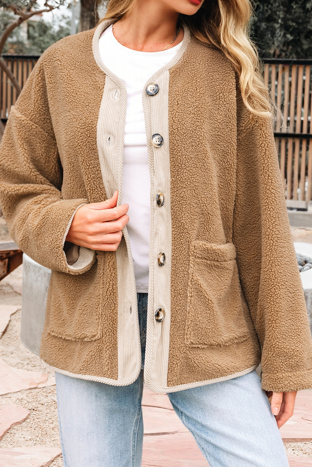 Puffy Plush Corduroy Edge Patchwork Jacket (S-Xl)
