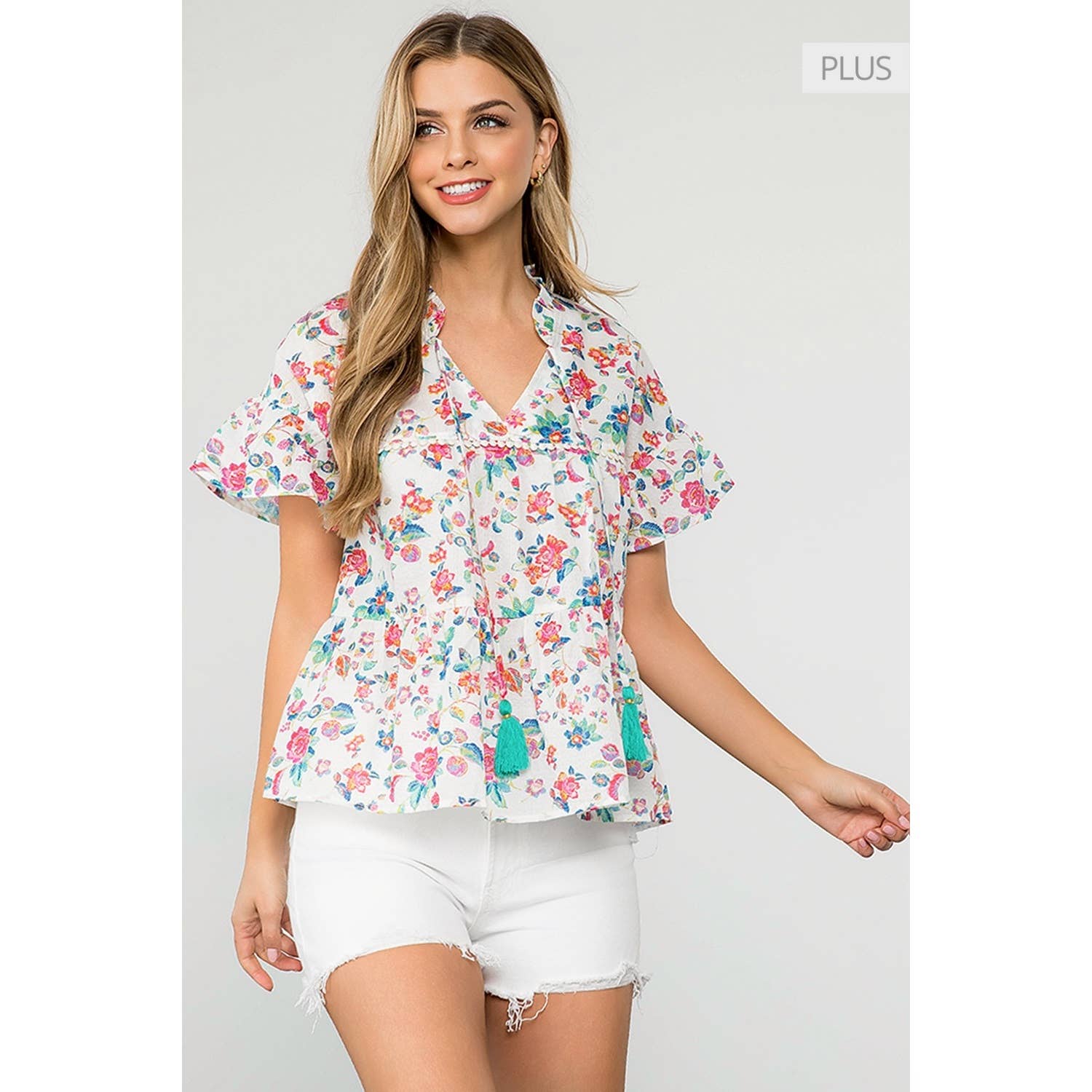 /Size Xl/ Flower Print Tiered Tassel Tie Top