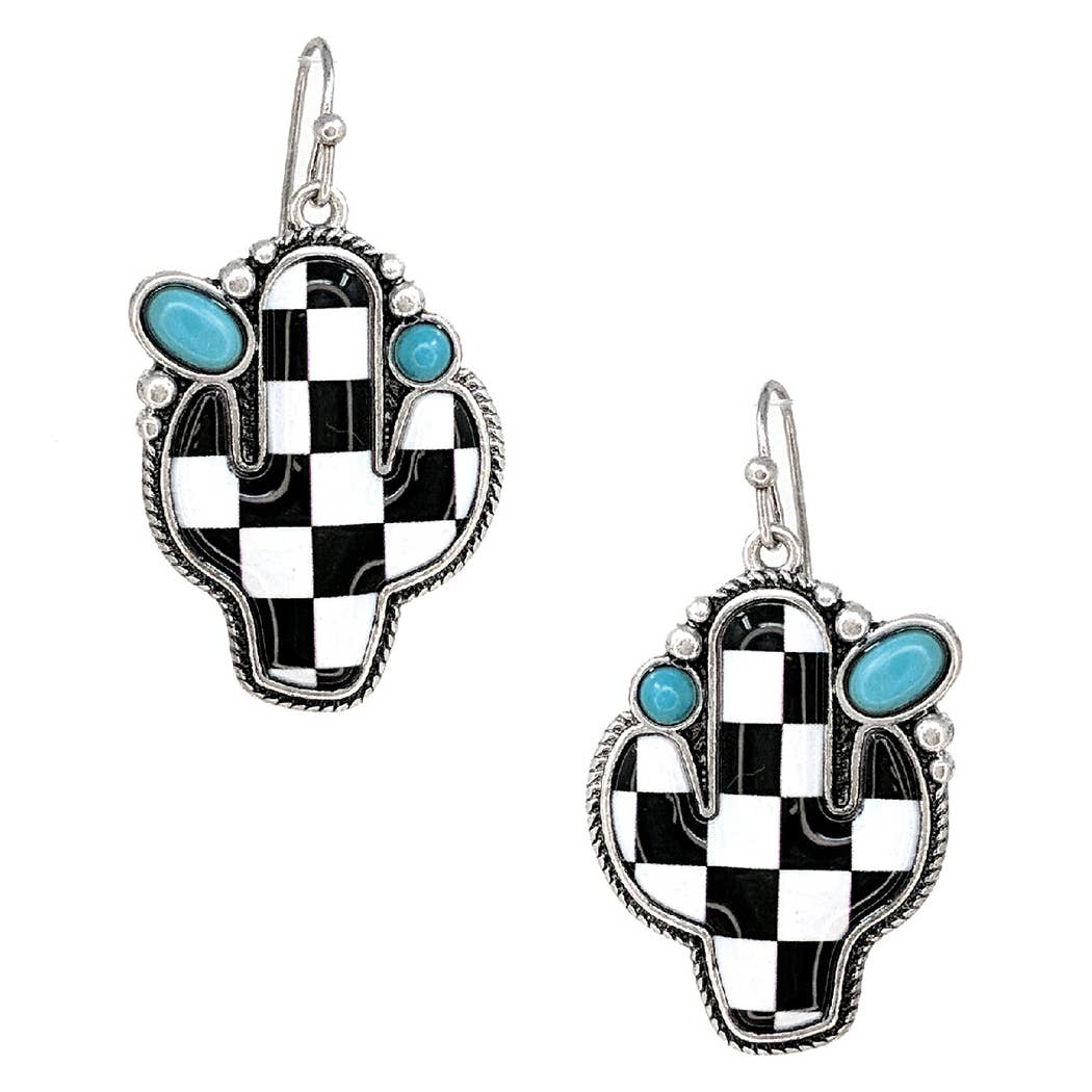 Checkered Pattern Cactus Shape Hook Earrings