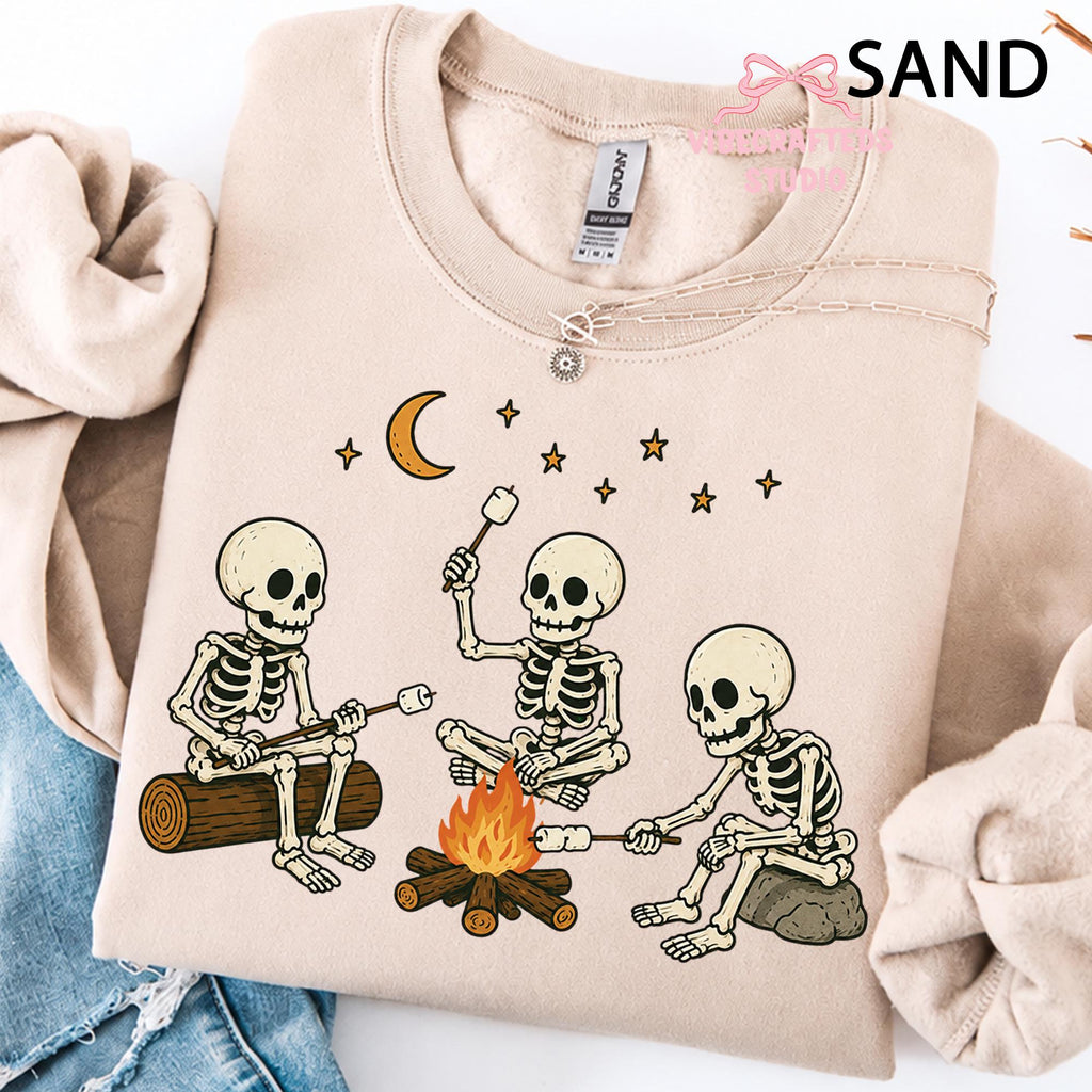 Skeleton Camping Three Skeletons Roasting Marshmallows Around Campfire Halloween Outdoor