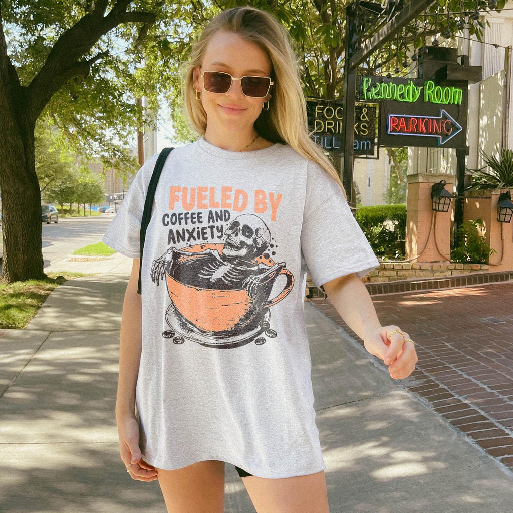 Fueled Coffee Anxiety Skeleton Coffee Tee Retro Skull Mental Health Humor Tee Vintage Skull
