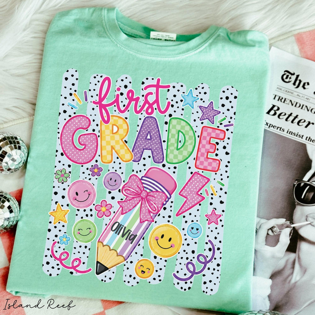 Personalized First Grader Stripes Custom Striped Back School Tee First Day 1st Grade