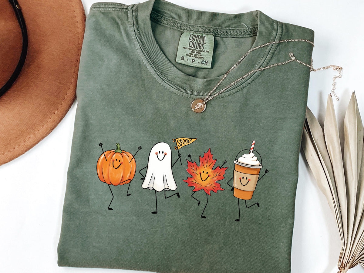 Autumn Halloween Fall Pumpkin Ghost Maple Leaf Pumpkin Spice Latte Comfort Colors Tee Spooky Season