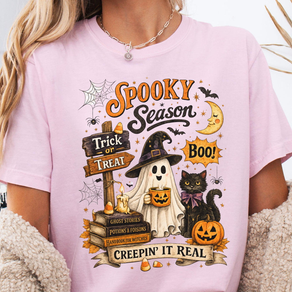 Spooky Season Creepin Real Ghost Cat Tee Vintage Halloween Black Cat Ghost Fall