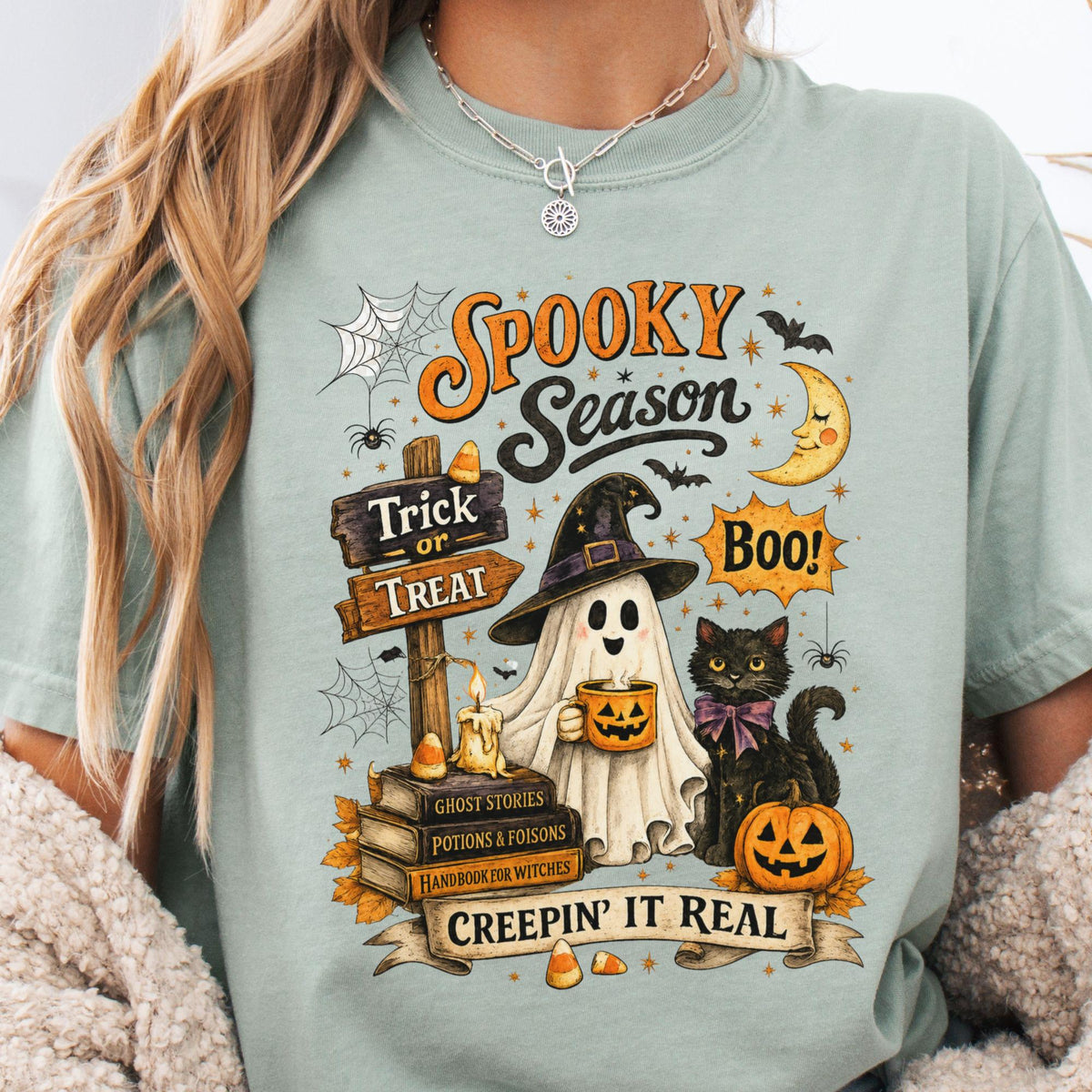 Spooky Season Creepin Real Ghost Cat Tee Vintage Halloween Black Cat Ghost Fall