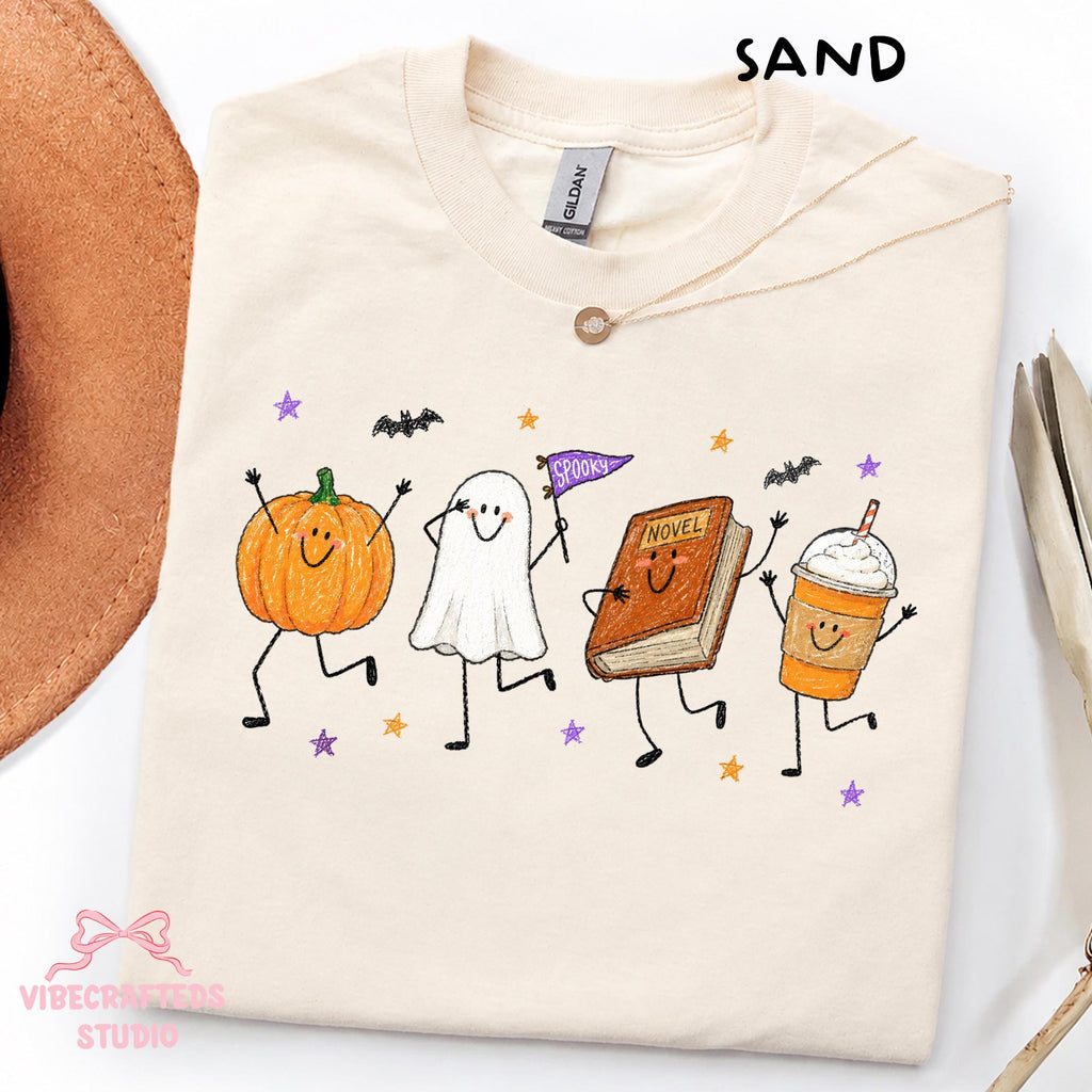 Halloween Doodles Smiling Pumpkin Ghost Book Coffee Characters Fall Reader Fall Halloween Tee
