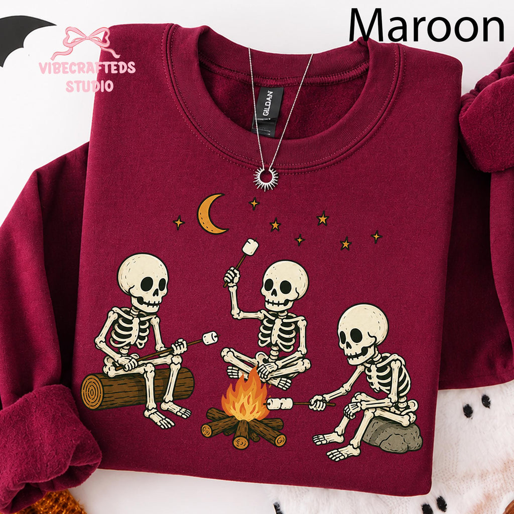 Skeleton Camping Three Skeletons Roasting Marshmallows Around Campfire Halloween Outdoor