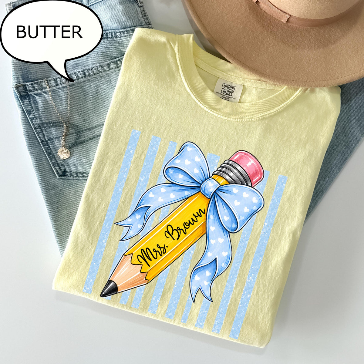 Comfort Colors Custom Teacher Name Pencil Coquette Bow Teacher Tee Personalized