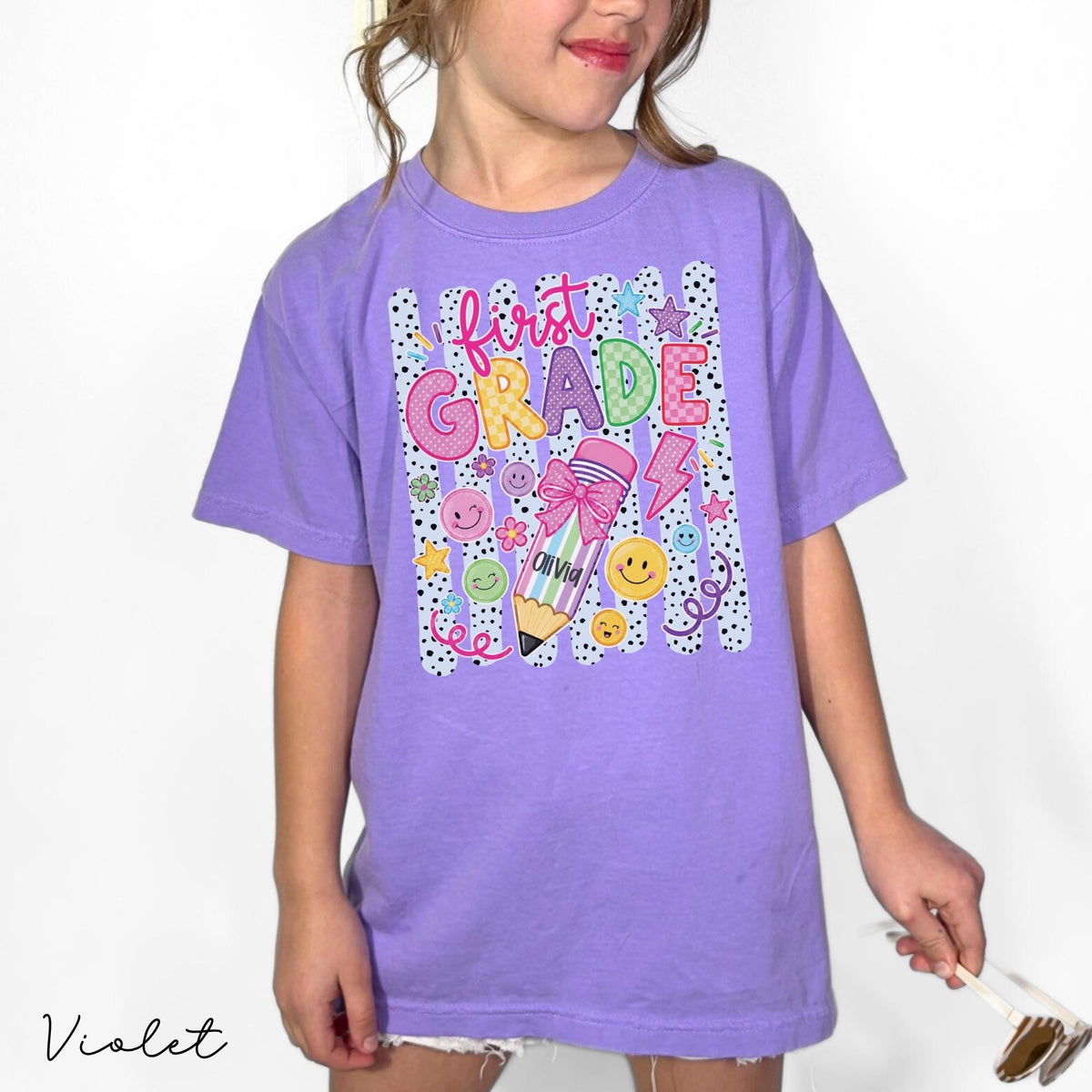 Personalized First Grader Stripes Custom Striped Back School Tee First Day 1st Grade