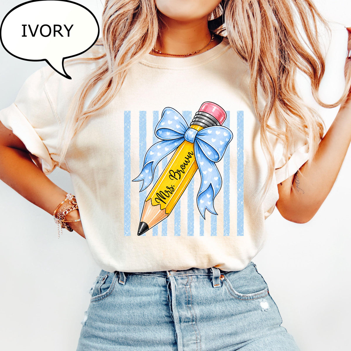 Comfort Colors Custom Teacher Name Pencil Coquette Bow Teacher Tee Personalized