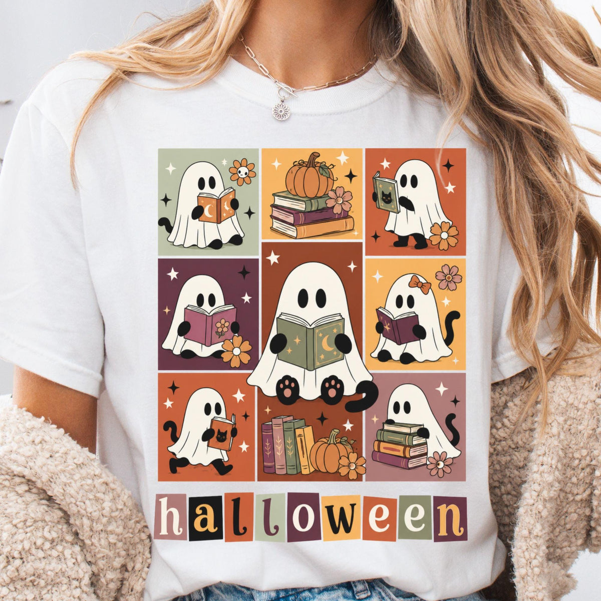 Bookish Halloween Ghost Cat Reading Tee Book Lover Halloween Librarian Teacher Fall Spooky Reader