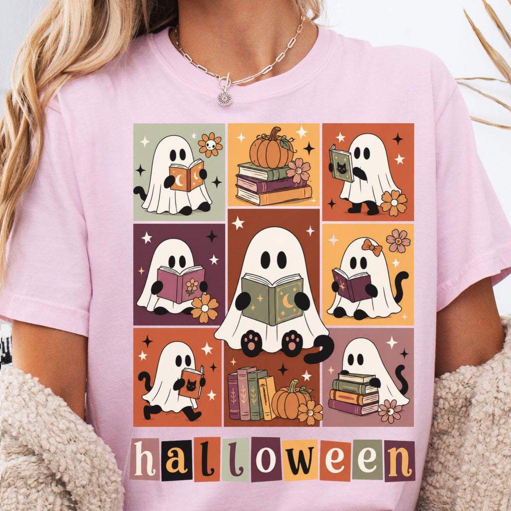 Bookish Halloween Ghost Cat Reading Tee Book Lover Halloween Librarian Teacher Fall Spooky Reader