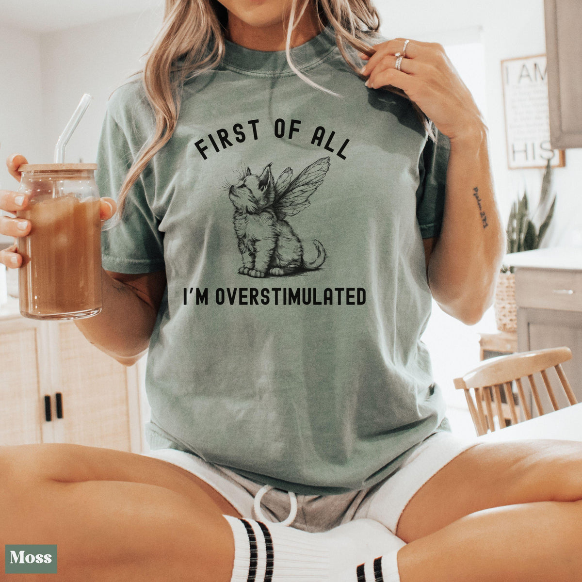 Comfort Colors First I'M Overstimulated Cat Tee Sarcastic Anxiety Mental Health